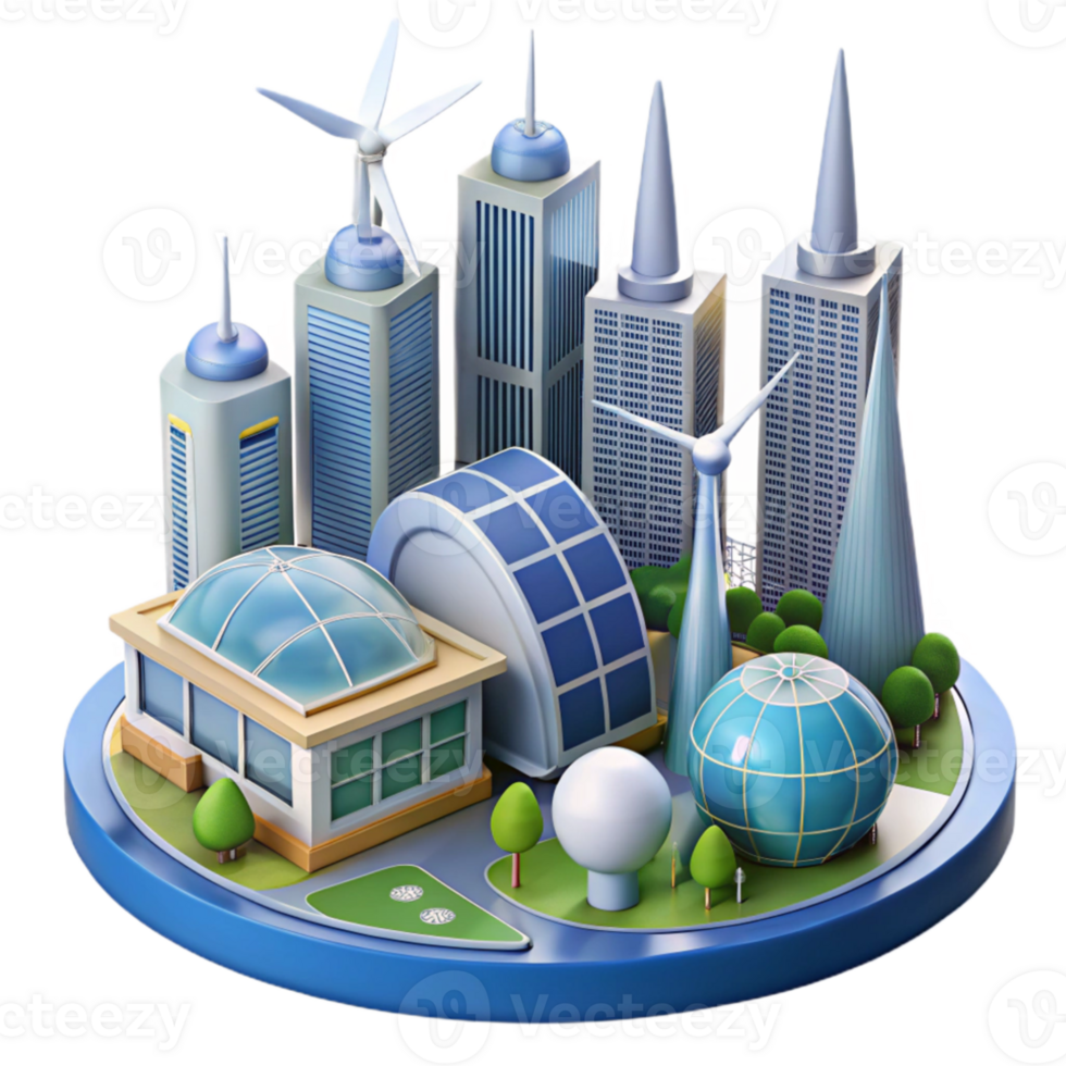 extraordinary abstract A futuristic city powered by renewable energy, with wind turbines and solar panels gleaming in the sunlight. Eco-futurism, architectural rendering style high resolution png