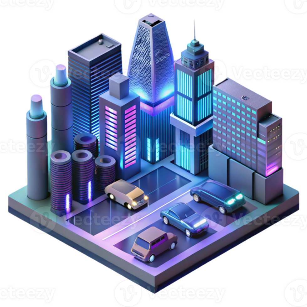 dramatic vintage A futuristic cityscape at night, flying cars zipping between skyscrapers, neon signs illuminating the scene, cyberpunk style, isometric view high quality png