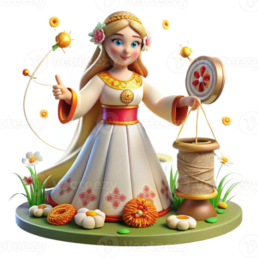 stunning modern A benevolent Slavic goddess Mokosh, spinning thread of fate, surrounded by blooming flowers, illuminated by warm sunlight. Slavic folklore style professional png