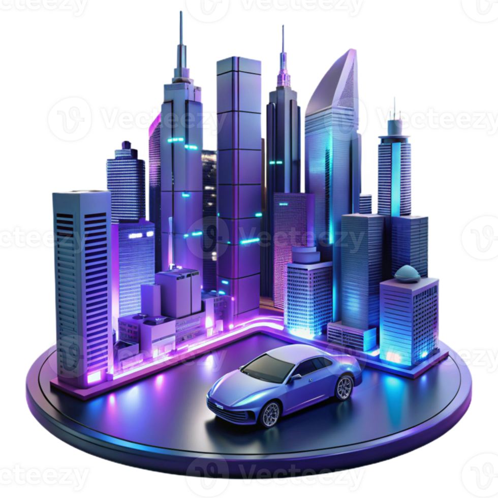 serene classic A futuristic city skyline at night, flying cars zipping between skyscrapers, lit by neon signs and headlights. Cyberpunk style professional png