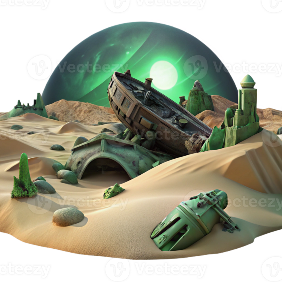 dramatic minimalist A spaceship wreckage on a desolate alien planet, sand dunes stretching to the horizon, eerie green sky, post-apocalyptic atmosphere authentic png