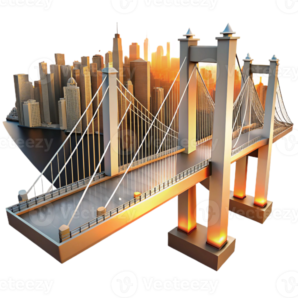 dramatic minimalist Suspension bridge, intricate cable structure, panoramic city views, sunset lighting, engineering marvel, 8k, authentic png