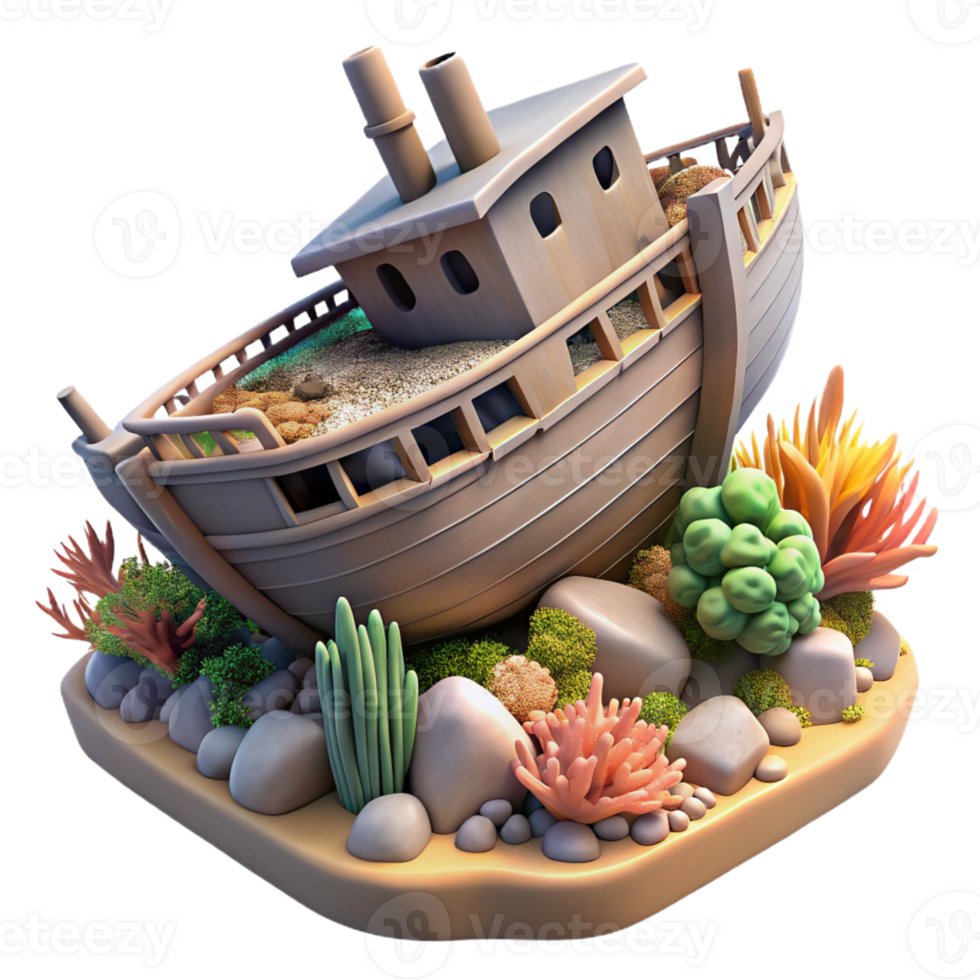 magnificent artistic A shipwreck being reclaimed by nature, coral growing on the hull, haunting, historical style exclusive png