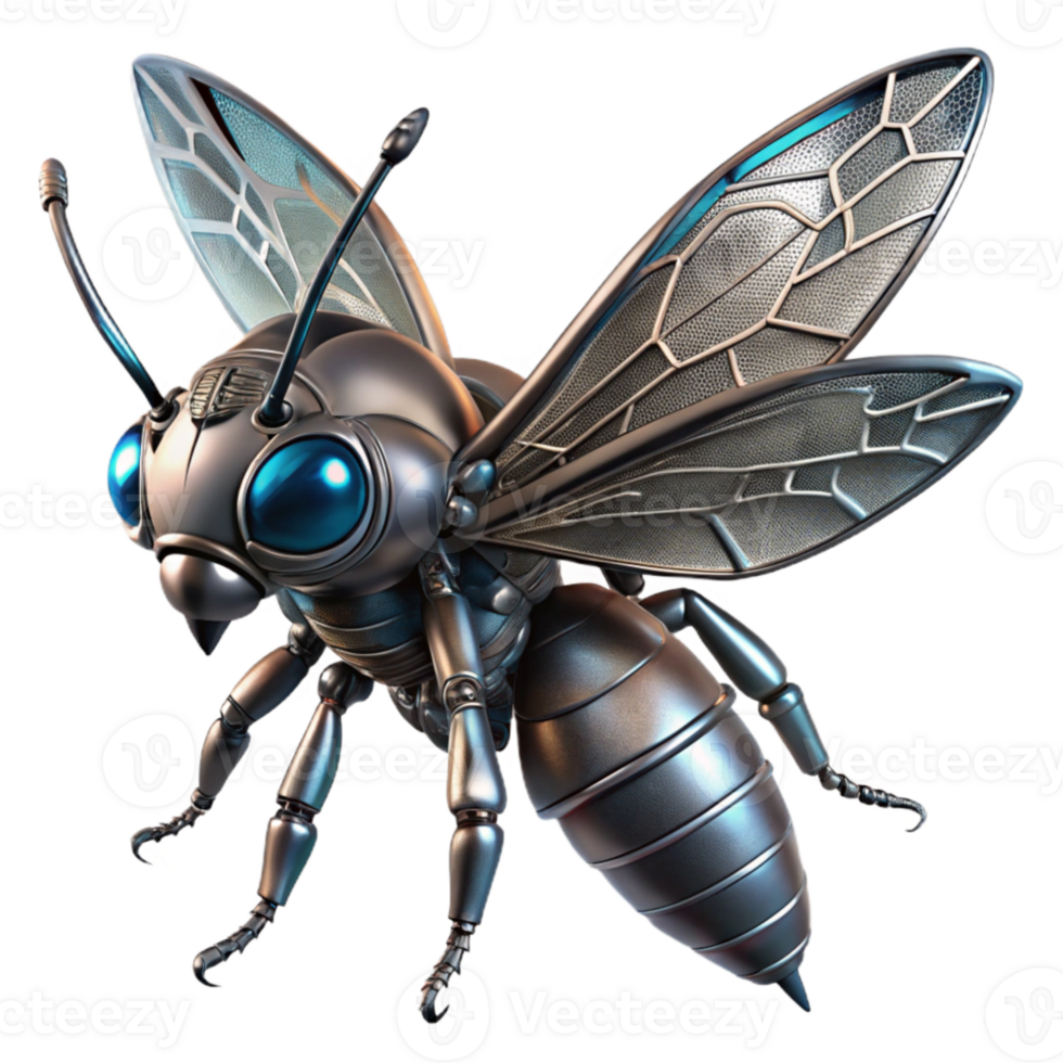 stunning classic A robotic insect with metallic wings and glowing eyes, intricate details and realistic textures, dark background with green accents, biopunk style high resolution png