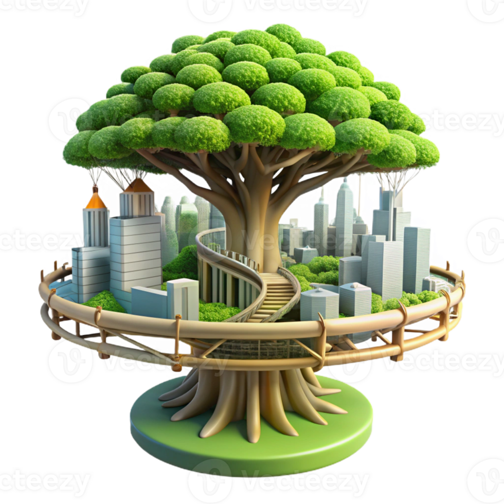 serene traditional Giant tree with a city built into its branches, intricate walkways and platforms, lush foliage, sunlight filtering through leaves high quality png