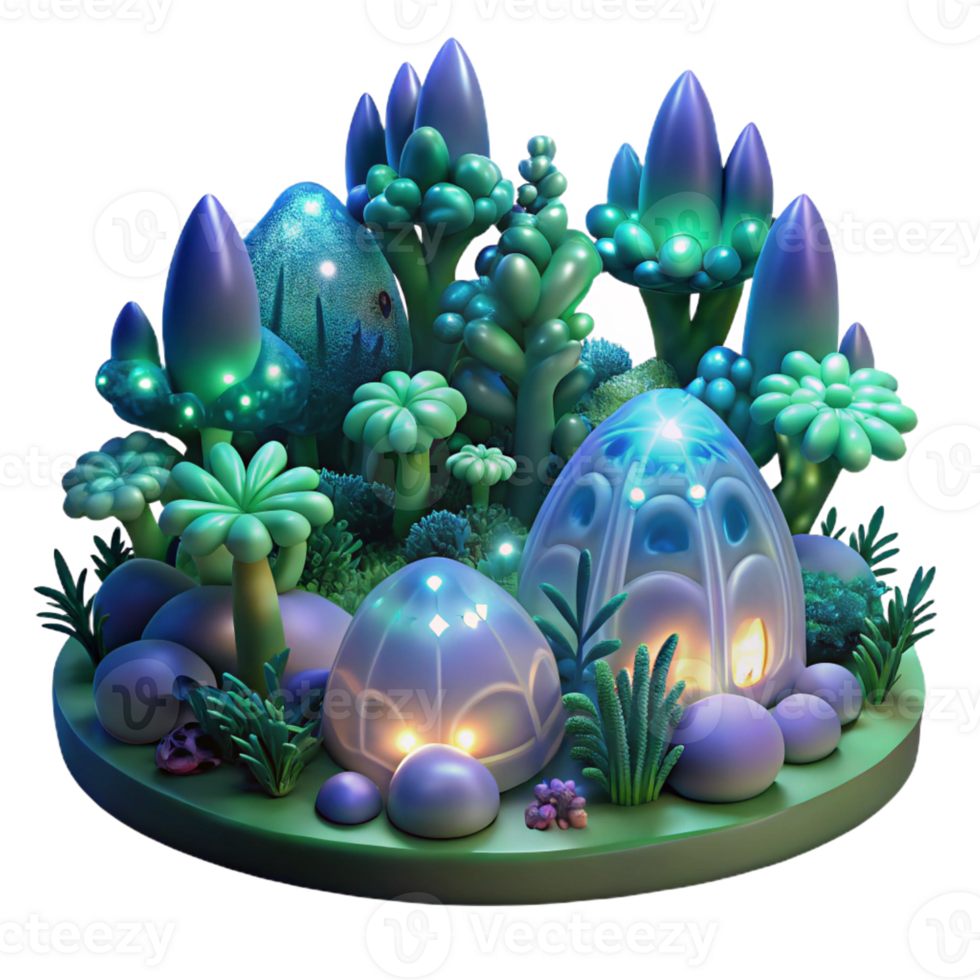 extraordinary vintage A fractal forest filled with glowing flora and fauna, in a bioluminescent art style, exclusive png