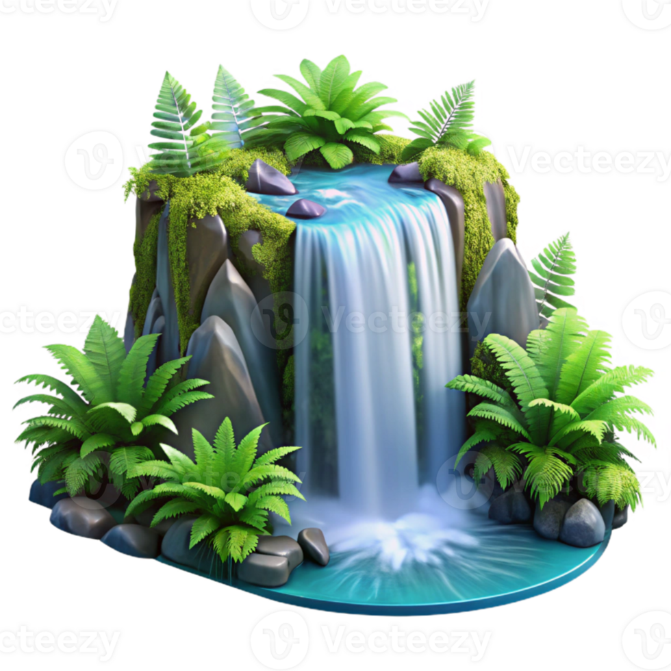 stunning traditional A cascading waterfall surrounded by lush green ferns, long exposure photography, serene and peaceful high quality png