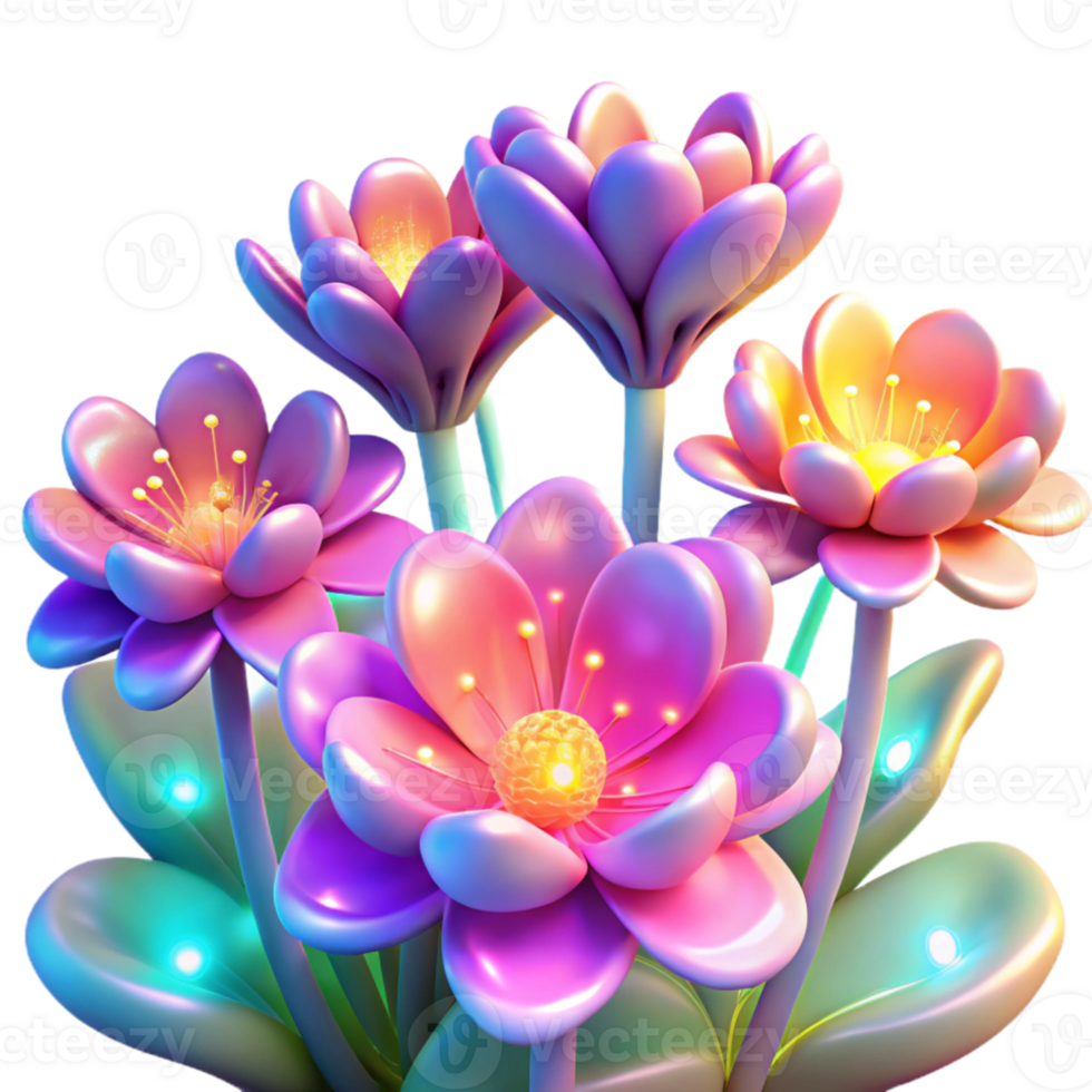 dramatic modern A field of vibrant, abstract flowers with glowing petals, illuminated by a soft, magical light, in a painterly style detailed png