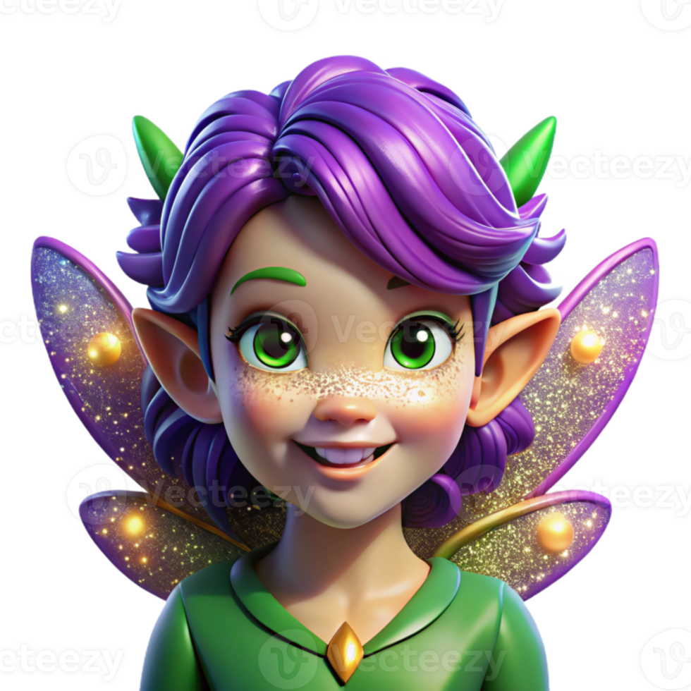 serene classic Portrait of a mischievous pixie with iridescent wings, bright purple hair, and playful green eyes, sprinkled with glowing fairy dust, lit by a soft magical glow genuine png