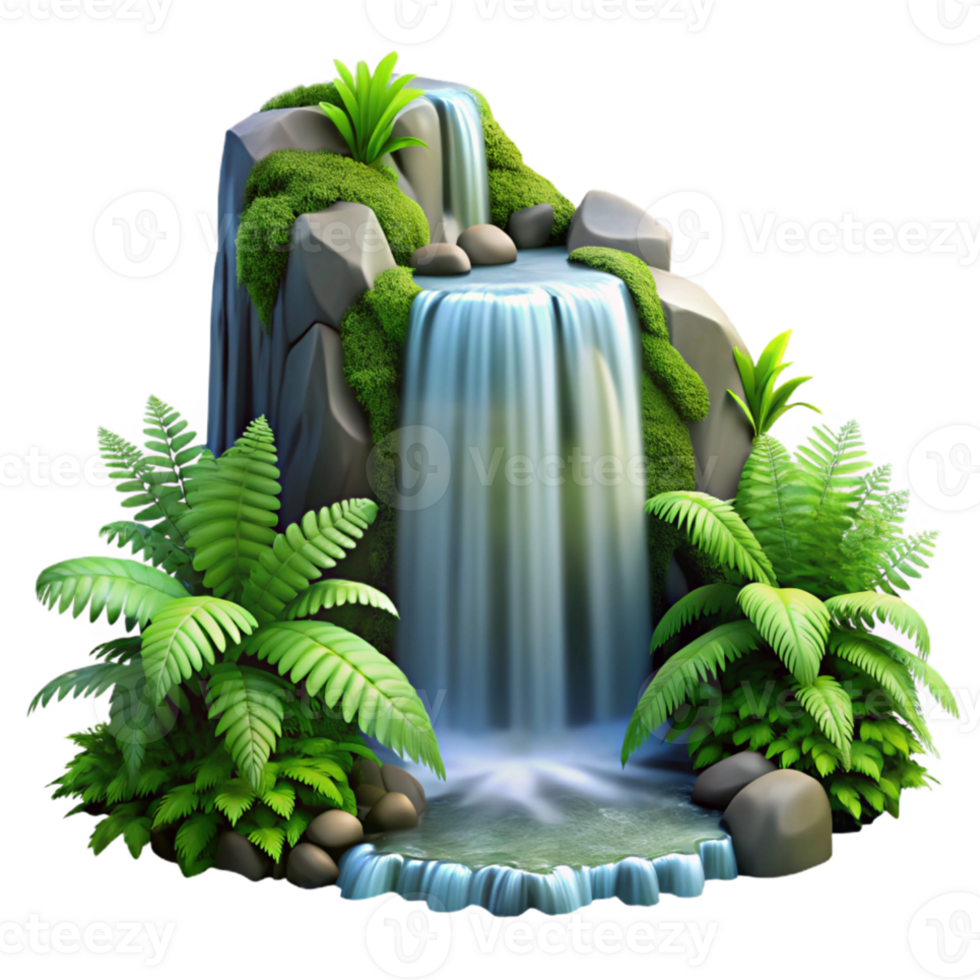 elegant artistic A cascading waterfall surrounded by lush green ferns, long exposure photography, serene and peaceful high resolution png