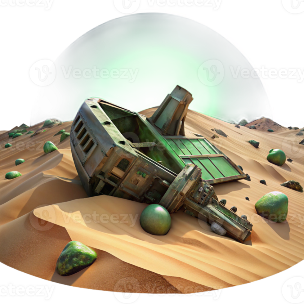 dramatic creative A spaceship wreckage on a desolate alien planet, sand dunes stretching to the horizon, eerie green sky, post-apocalyptic atmosphere original png