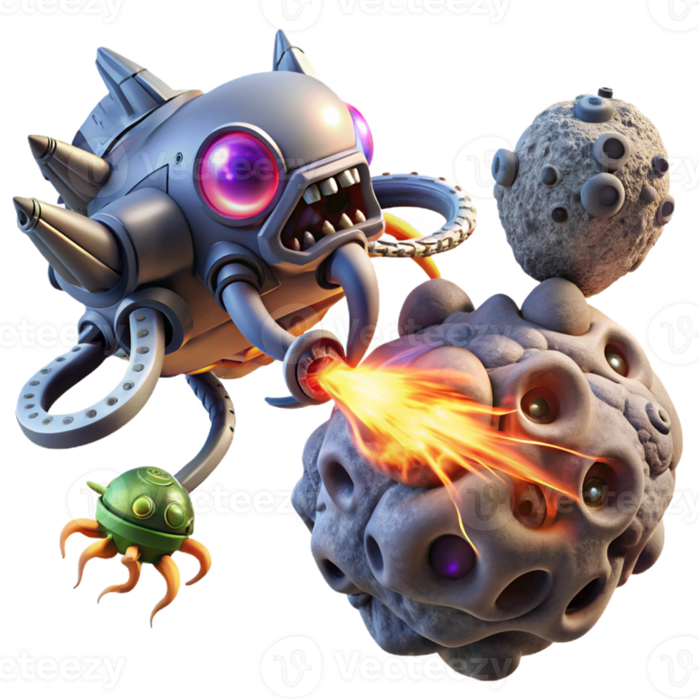 dramatic abstract A spaceship battling a giant space kraken in the midst of an asteroid field. Epic, action-packed, dynamic lighting high quality png