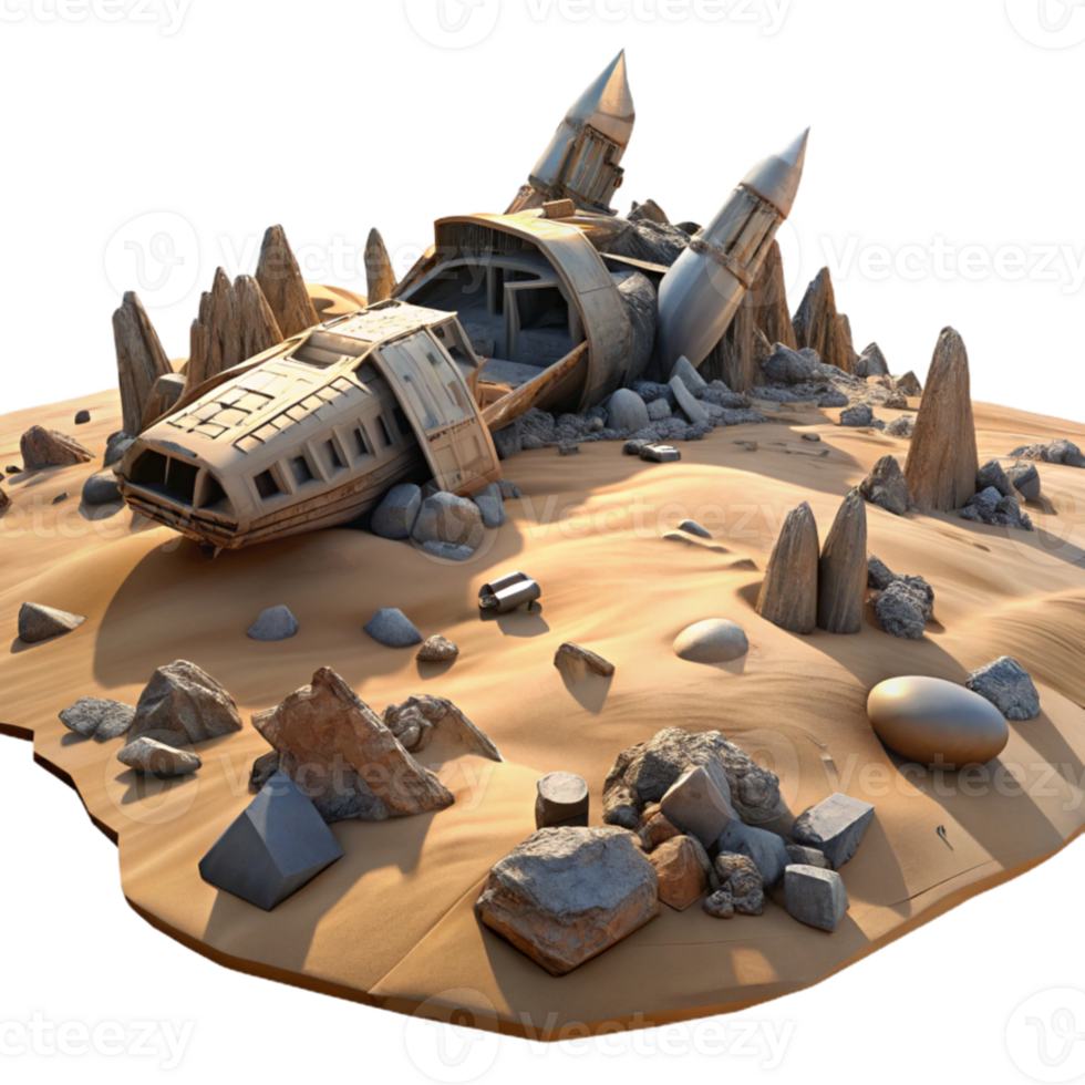 extraordinary artistic A spaceship wreckage lies scattered across a desolate, alien landscape. Harsh lighting, apocalyptic style genuine png
