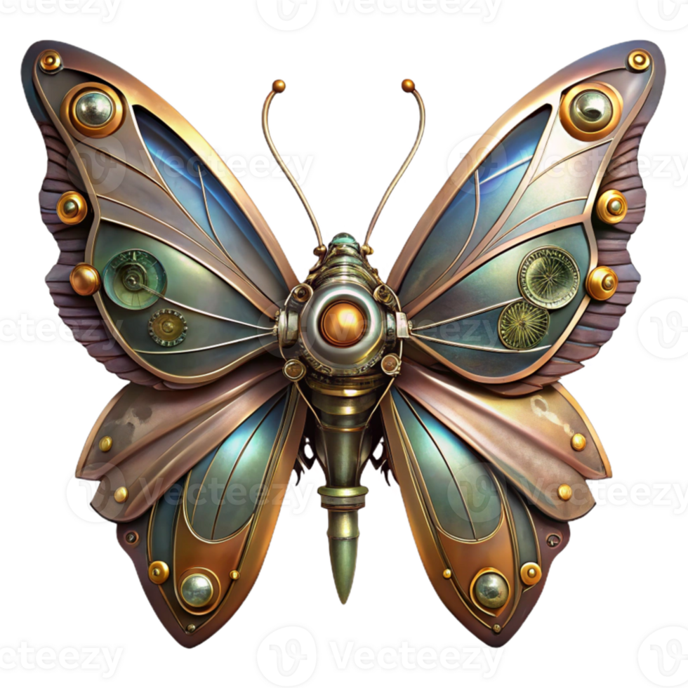 magnificent contemporary A steampunk-inspired mechanical butterfly with delicate clockwork wings. Soft, ethereal lighting. Digital painting style 4K png