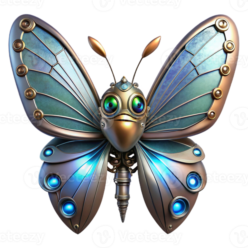 elegant vintage A steampunk butterfly automaton, with delicate silver wings and glowing sapphire eyes, bright, fantasy lighting authentic png