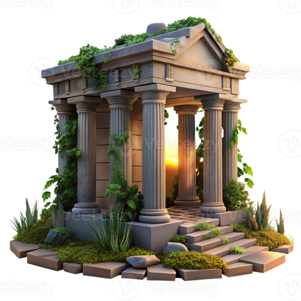 magnificent traditional Ruined ancient temple, overgrown with vines, dramatic sunset lighting, atmospheric style genuine png
