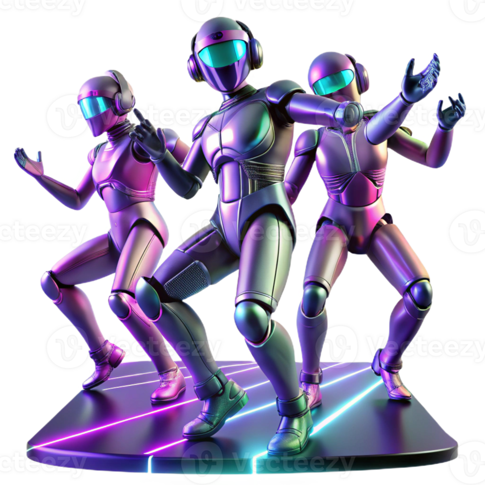 serene traditional A group of robotic dancers, moving in perfect synchronization, on a stage with dynamic, shifting light patterns. Synthwave style original png