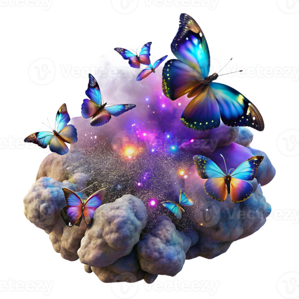 elegant modern A swarm of iridescent, crystalline space butterflies migrating through a cosmic dust cloud, illuminated by a distant quasar. Greg Rutkowski style, painterly, vibrant colors 4K png