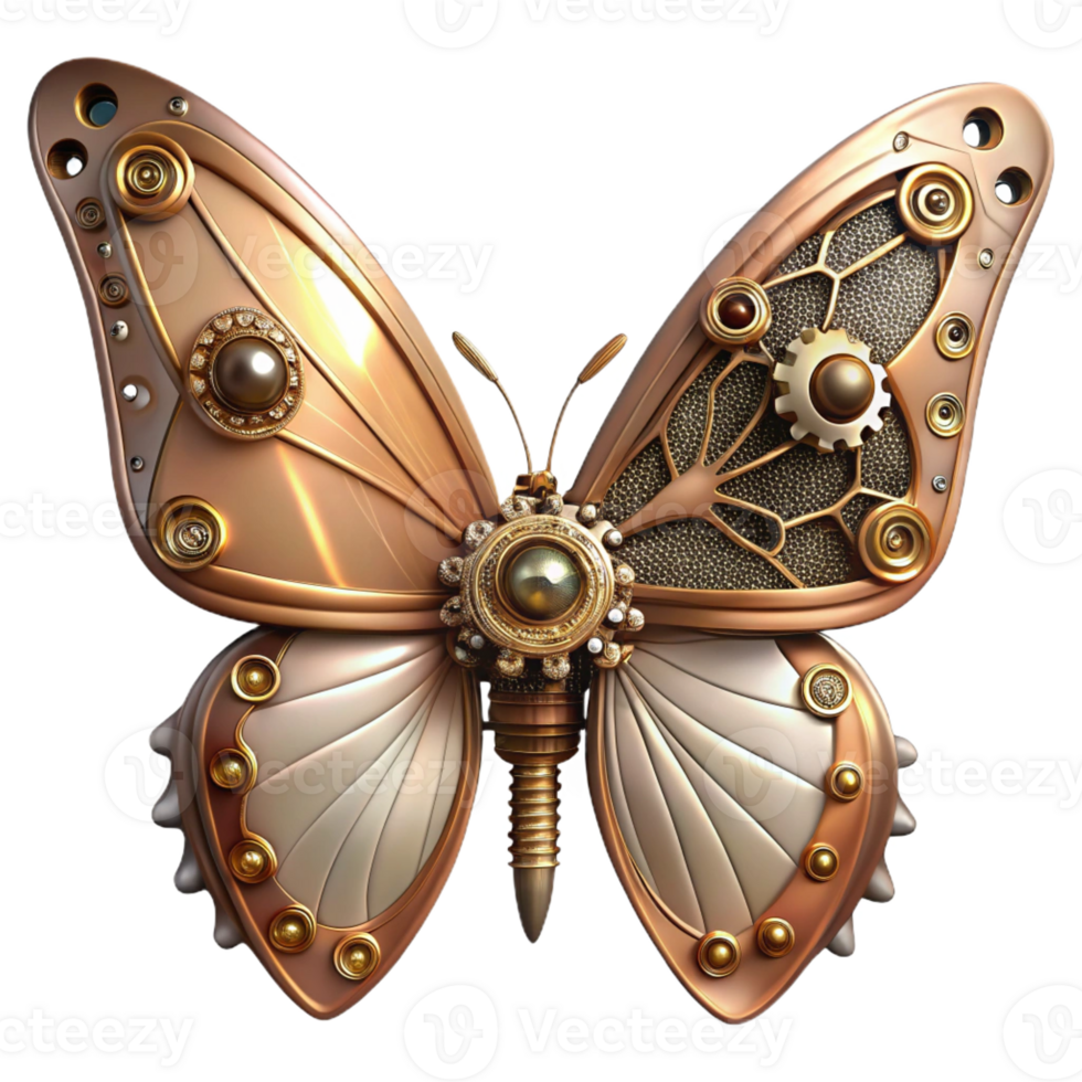 vibrant abstract A steampunk butterfly with mechanical wings, gears and springs visible, delicate filigree patterns, illuminated by a soft, dappled sunlight exclusive png