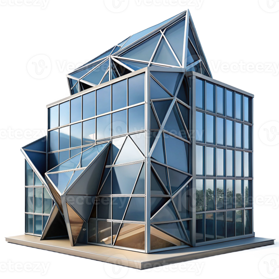 wonderful abstract Deconstructivist office building, fragmented shapes, angular planes, steel and glass construction, cityscape background authentic png