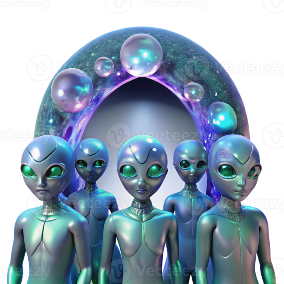 magnificent artistic A group of humanoid aliens with iridescent scales gathers around a shimmering portal, their faces filled with awe. Soft lighting, fantasy style detailed png