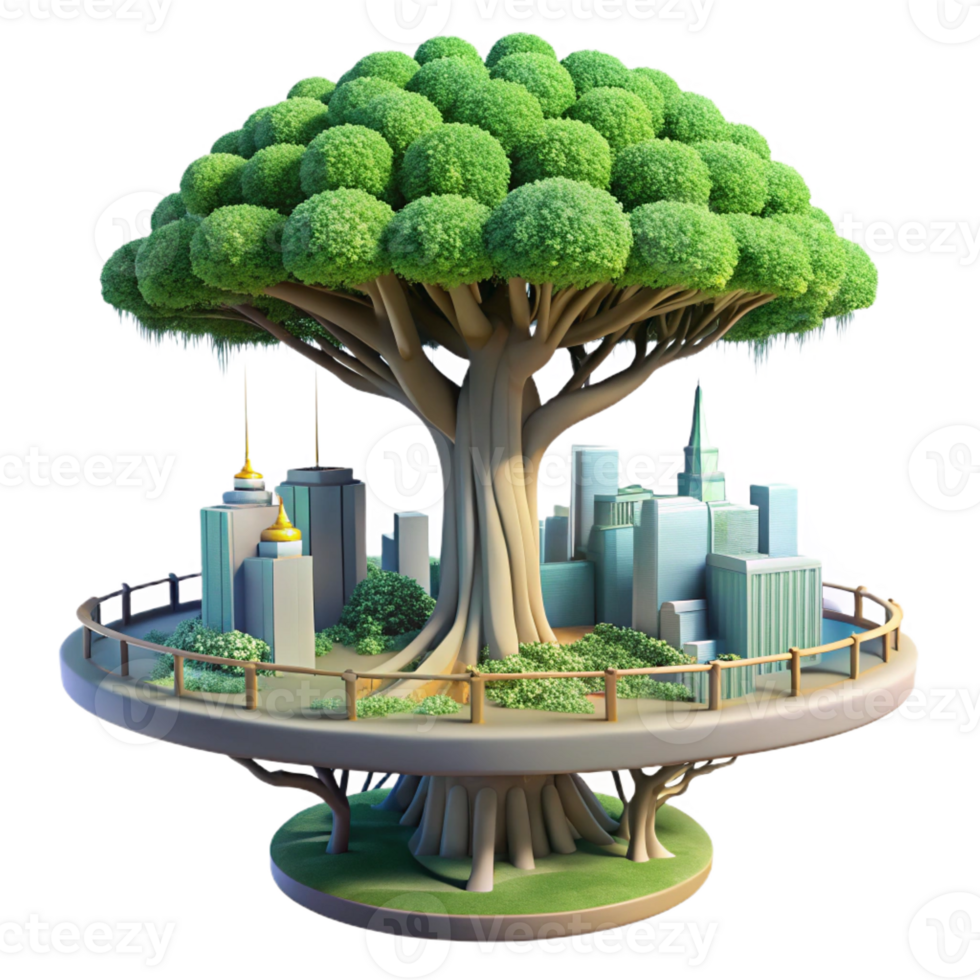 elegant modern Giant tree with a city built into its branches, intricate walkways and platforms, lush foliage, sunlight filtering through leaves detailed png