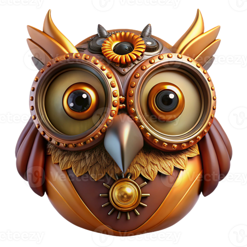 wonderful modern A close-up portrait of a steampunk owl, with intricate clockwork gears integrated into its feathers, illuminated by a warm, amber light. Art nouveau style premium png