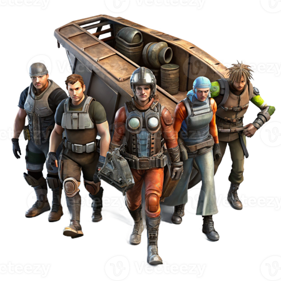 magnificent artistic A group of space pirates, with ragged clothing and cybernetic enhancements, board a derelict spaceship. Dark, gritty lighting professional png