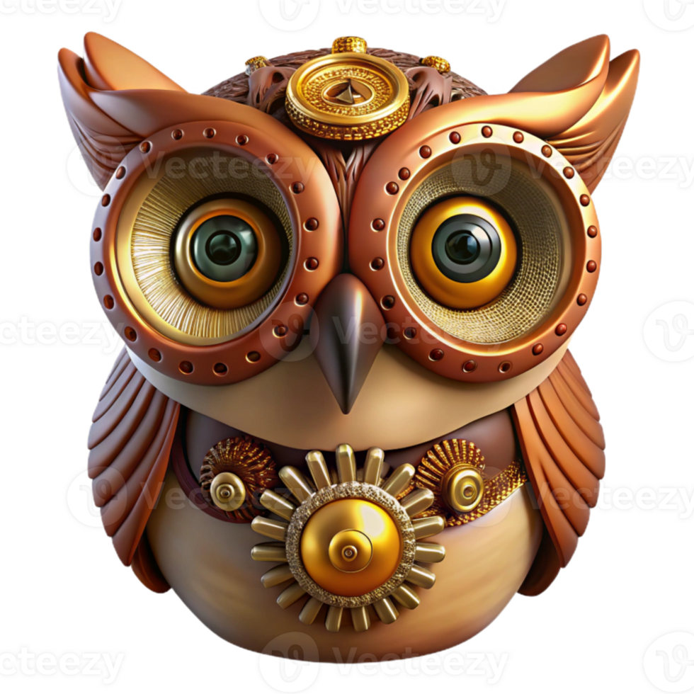 magnificent vintage A close-up portrait of a steampunk owl, with intricate clockwork gears integrated into its feathers, illuminated by a warm, amber light. Art nouveau style authentic png