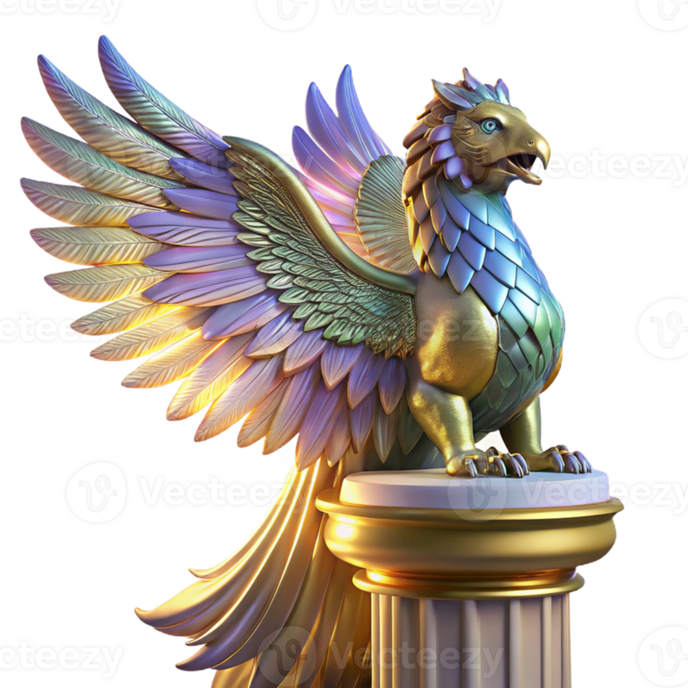 wonderful rustic A majestic griffin with iridescent feathers, perched atop a crumbling marble pillar, illuminated by a single shaft of golden light. Art Deco style genuine png