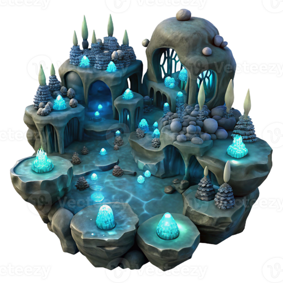 vibrant classic An intricate network of underwater caves, illuminated by bioluminescent organisms, mysterious, dark fantasy style detailed png