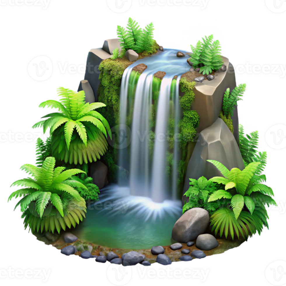 elegant artistic A cascading waterfall surrounded by lush green ferns, long exposure photography, serene and peaceful professional png