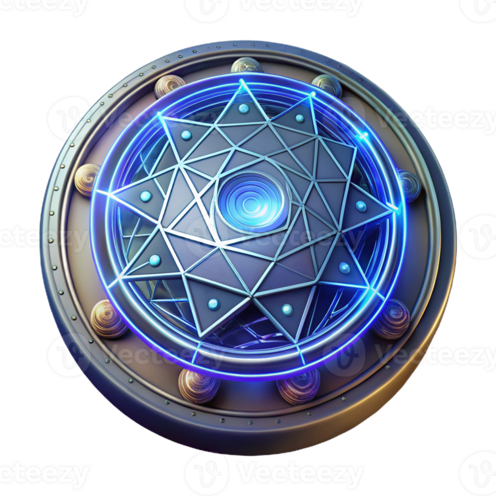stunning vintage An intricate magic circle, inscribed with glowing runes, emitting a pulsating energy field, illuminated by a mystical light source. Geometric abstract style high quality png