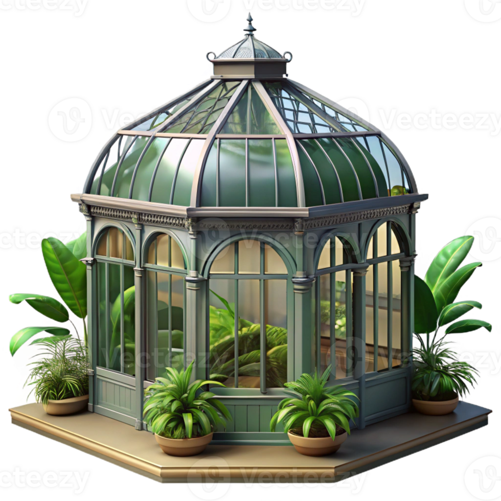 stunning minimalist Victorian greenhouse, wrought iron and glass, lush tropical plants, soft diffused light exclusive png