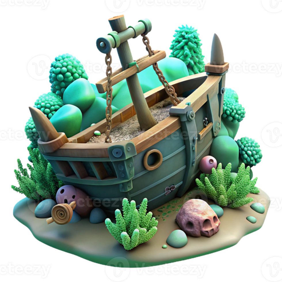 beautiful artistic A sunken pirate ship, encrusted with barnacles and coral, resting on the seabed, eerie green lighting, fantasy art style 4K png