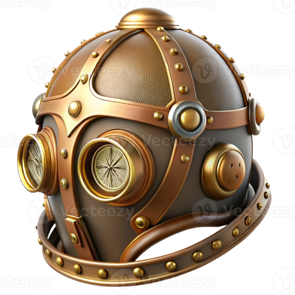 vibrant rustic A detailed illustration of a steampunk helmet with intricate brass and leather details, bright, studio lighting detailed png