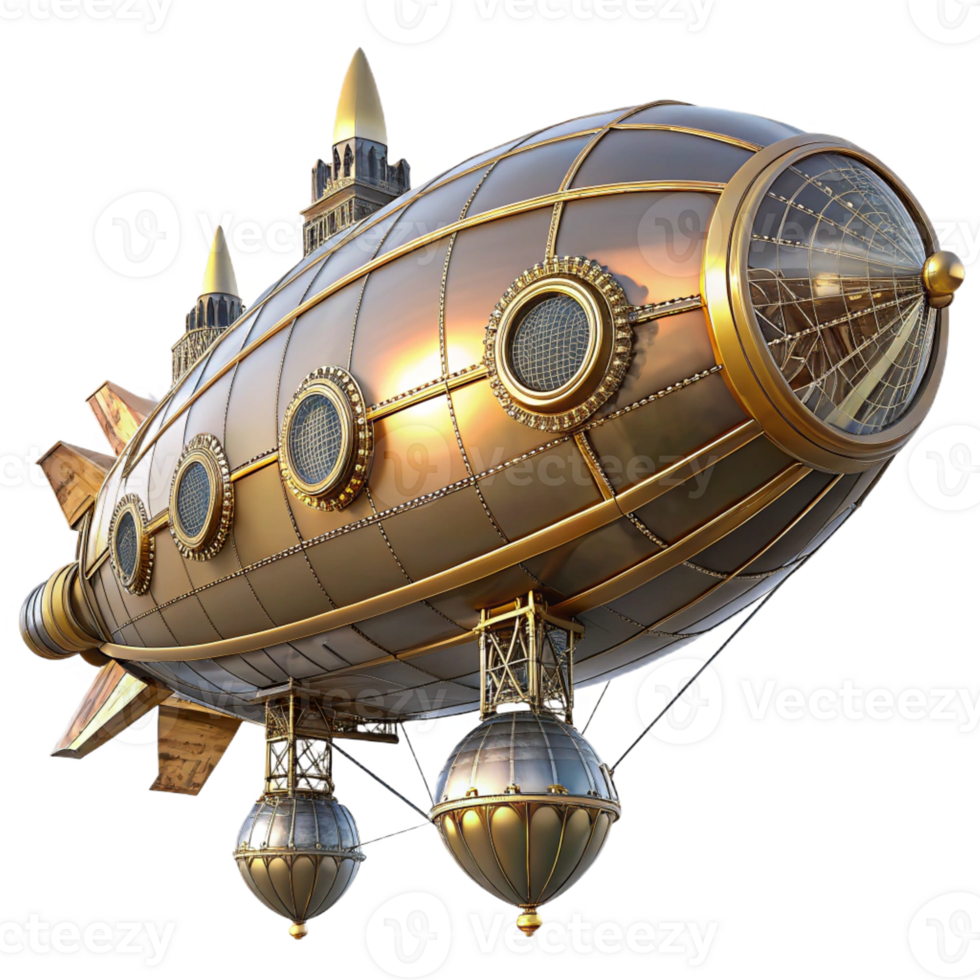 impressive rustic A steampunk zeppelin, adorned with intricate clockwork designs and propellers, floating above a cityscape, lit by a bright, morning light 4K png