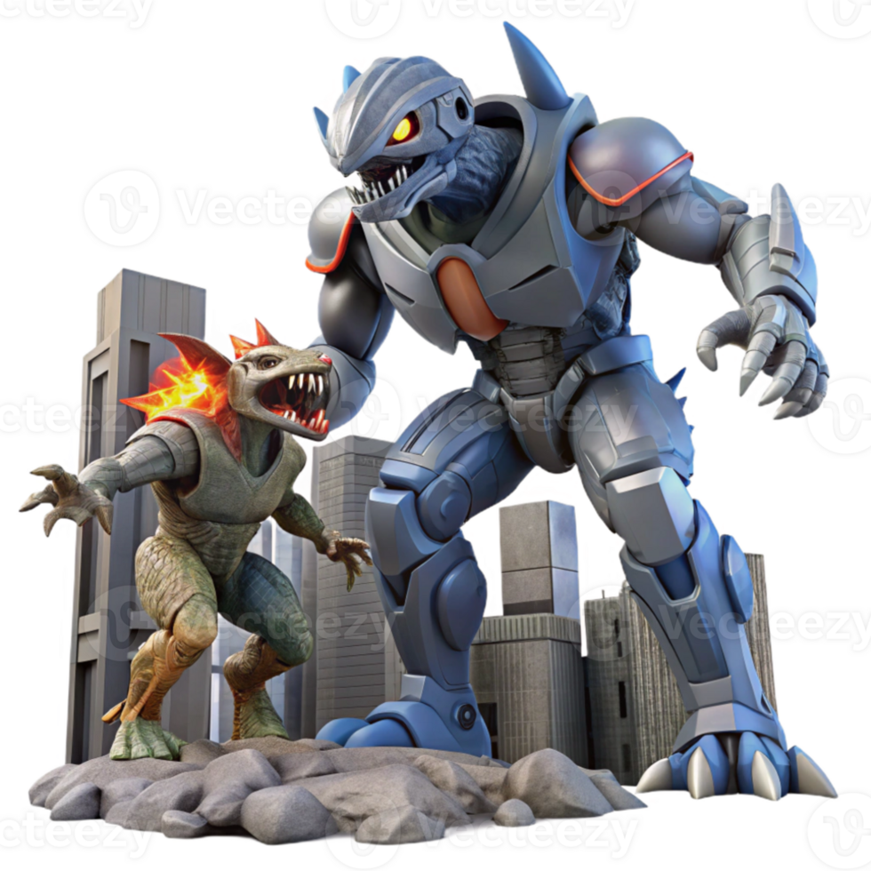 beautiful minimalist A giant robot battling a monstrous alien creature, amidst the ruins of a futuristic city, epic scale, dynamic action pose professional png