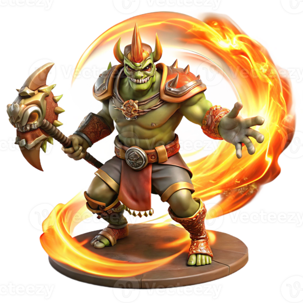 beautiful modern A fierce orc warrior wielding a flaming battleaxe, amidst a swirling vortex of magical energy, dark fantasy art style high resolution png