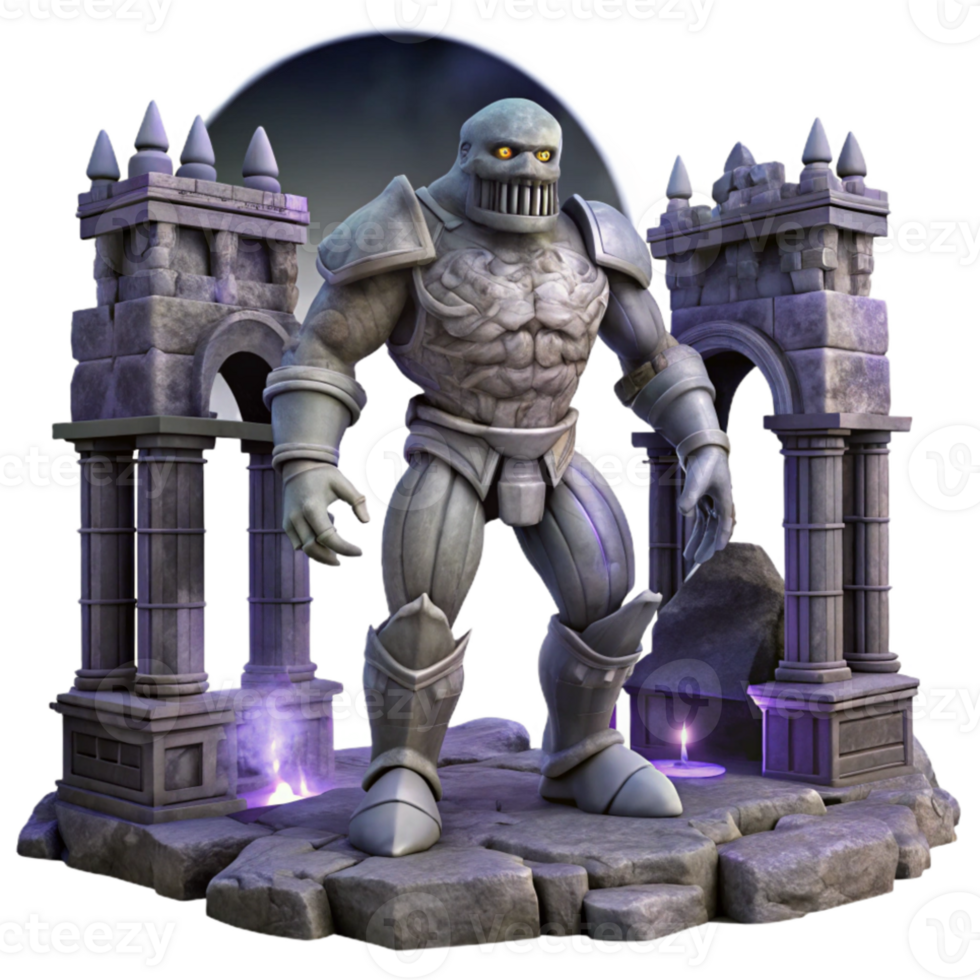 magnificent classic A powerful golem made of stone, standing guard over a ruined temple, moonlight, gothic architecture exclusive png