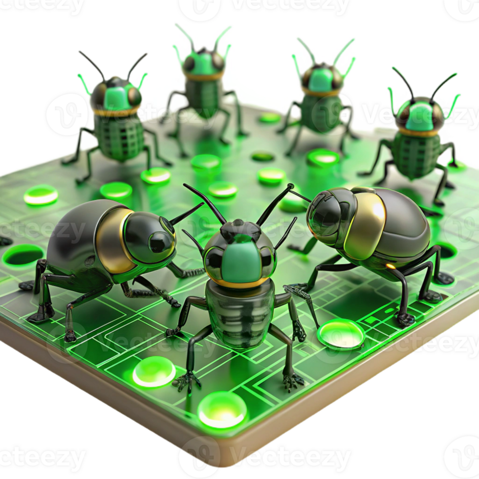 serene abstract A group of miniature, insect-like robots swarming over a circuit board, lit by the green glow of LEDs, in a macro photography style detailed png