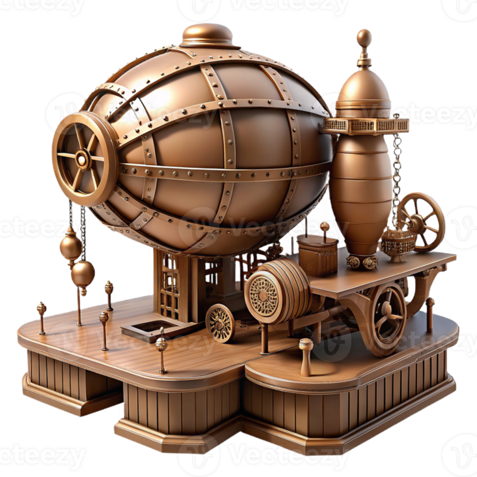 dramatic modern Steampunk airship dock, intricate gears and pipes, Victorian era style, sepia tones high quality png