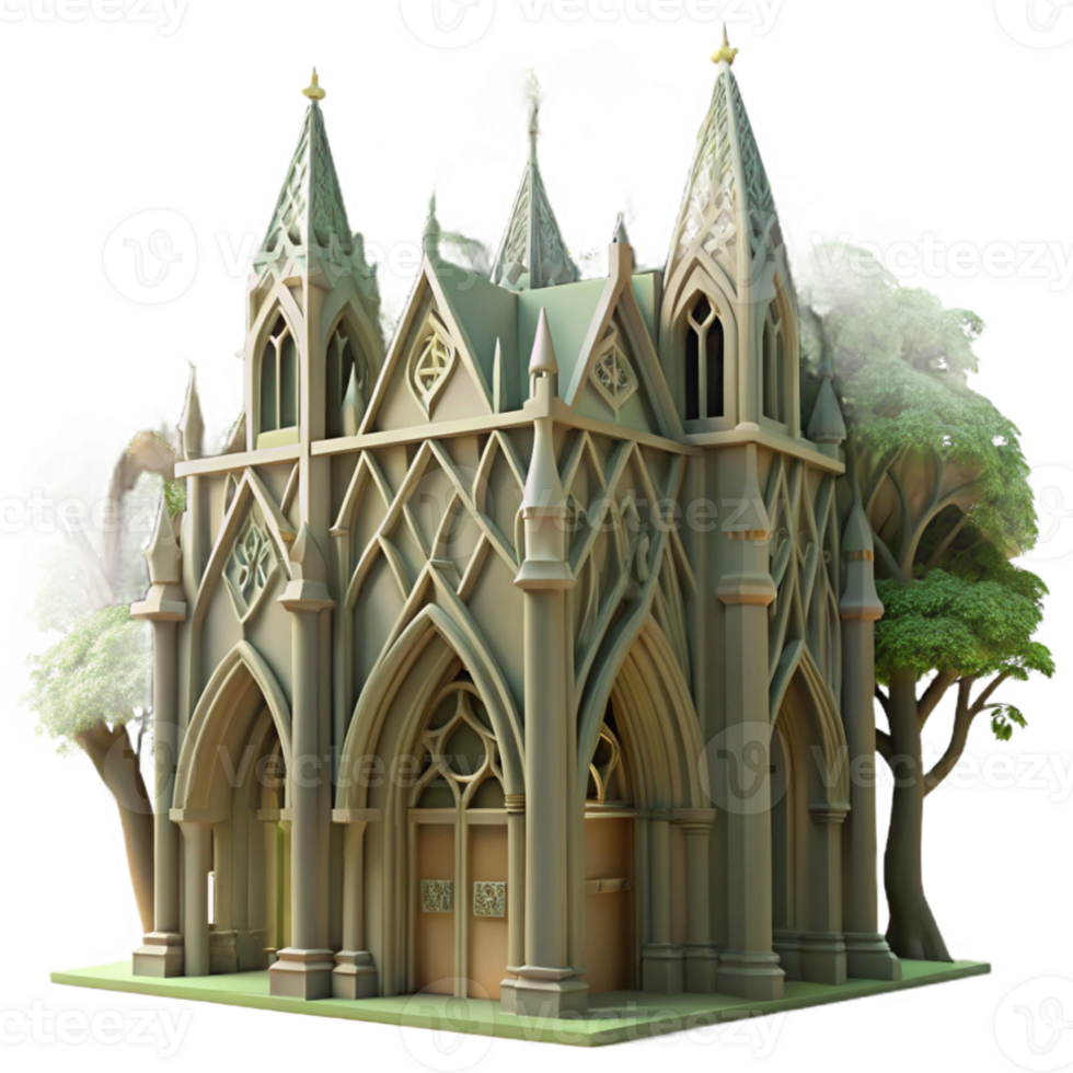 beautiful rustic Gothic cathedral made of interwoven tree branches, dappled sunlight filtering through leaves, hyperrealistic render, soft focus professional png