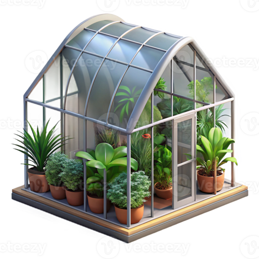 magnificent minimalist Greenhouse filled with exotic plants, glass and metal structure, natural light, botanical illustration high quality png