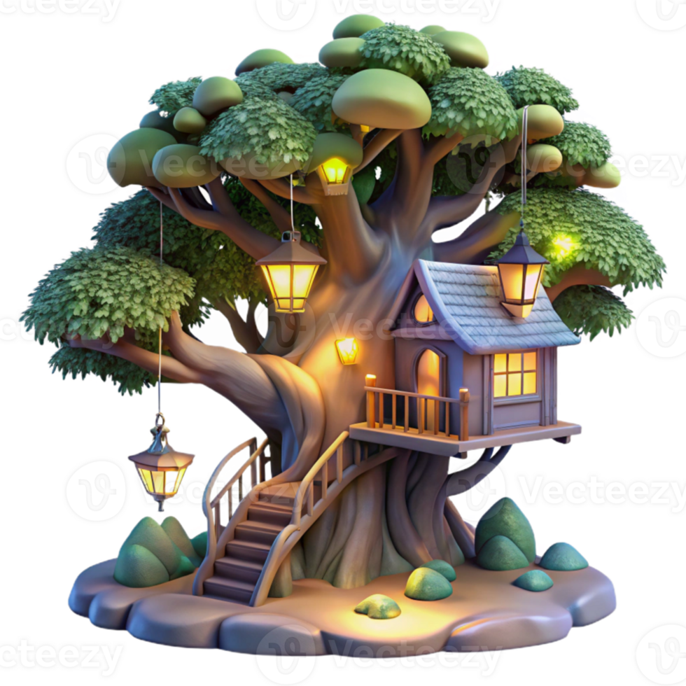 impressive classic A magical treehouse nestled in the branches of a giant tree, glowing lights, fantasy art detailed png