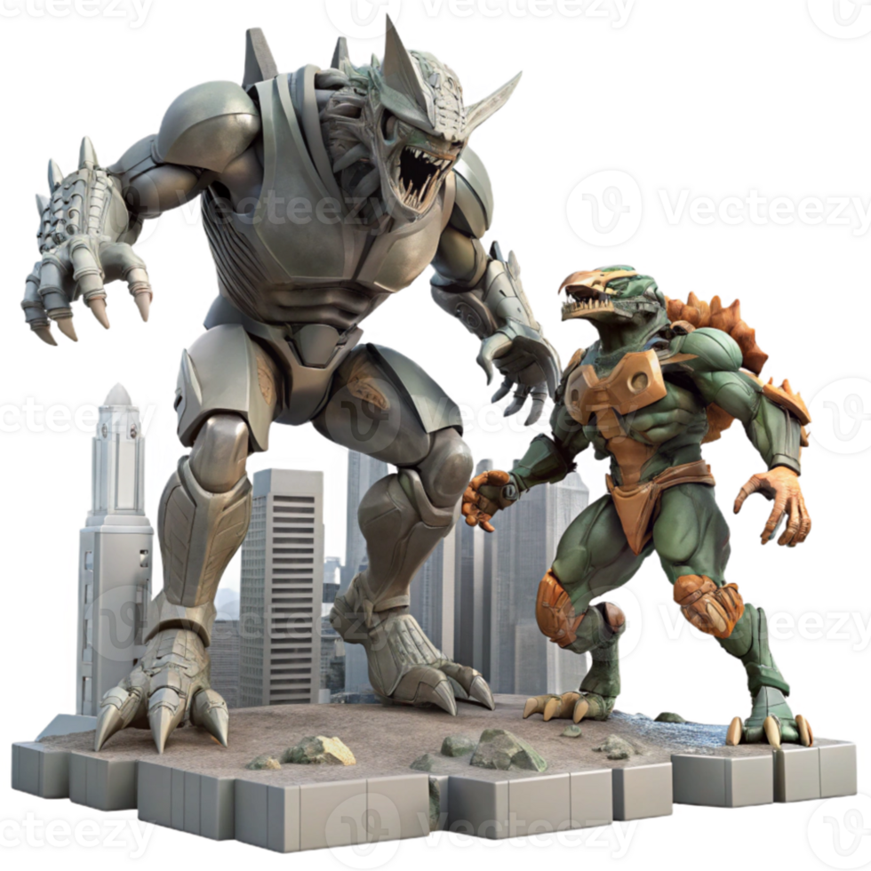 impressive contemporary A giant robot battling a monstrous alien creature, amidst the ruins of a futuristic city, epic scale, dynamic action pose 4K png