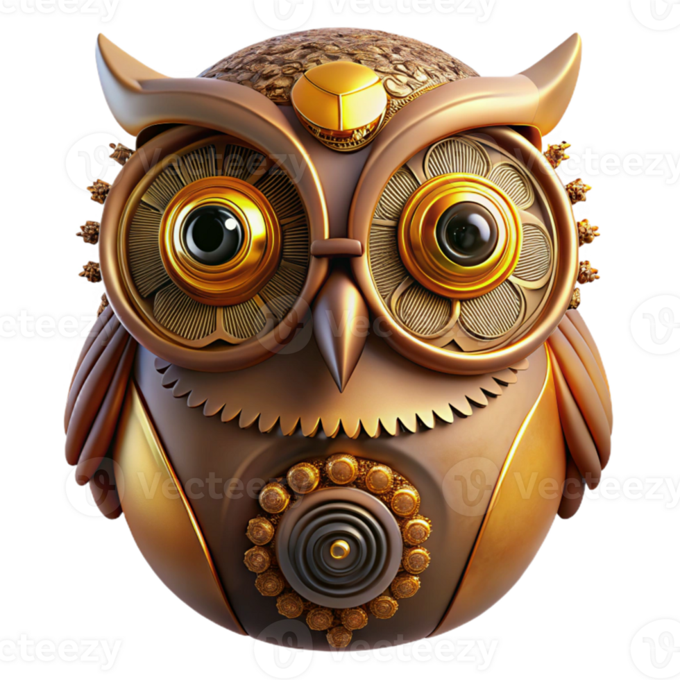 magnificent abstract A close-up portrait of a steampunk owl, with intricate clockwork gears integrated into its feathers, illuminated by a warm, amber light. Art nouveau style original png