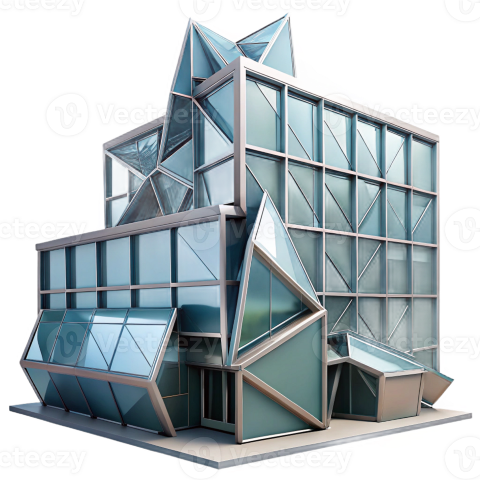 beautiful abstract Deconstructivist office building, fragmented shapes, angular planes, steel and glass construction, cityscape background premium png