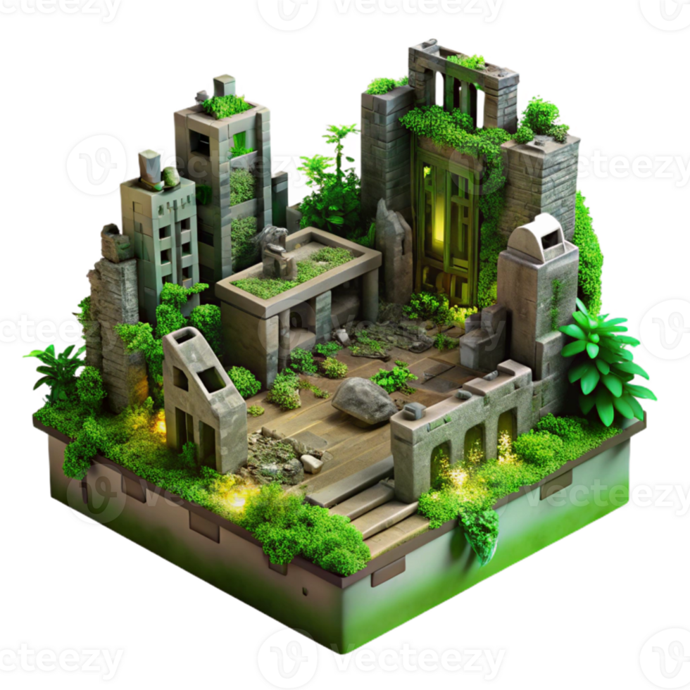 serene minimalist Post-apocalyptic city ruins, overgrown with vegetation, decaying buildings, eerie green lighting original png
