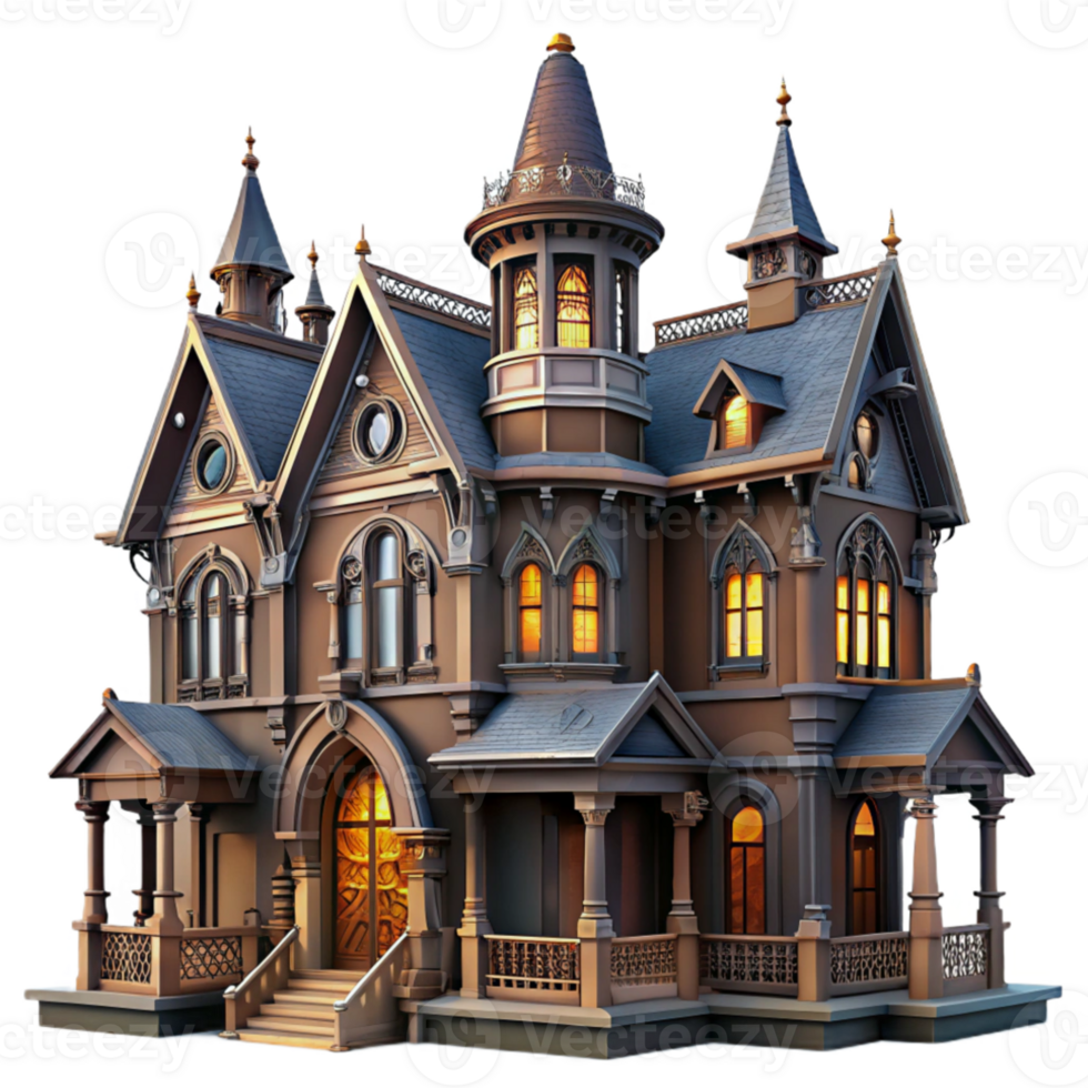 elegant rustic A Victorian mansion, intricate ironwork, stained glass windows, dramatic lighting, gothic style authentic png